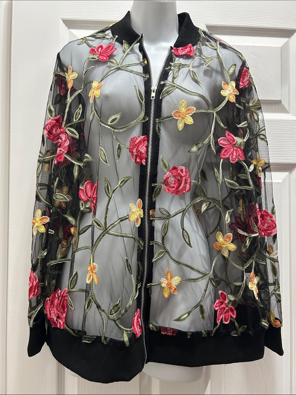 Source Unknown Black Sheer Bomber Jacket with Pink & Yellow Floral Embroidery